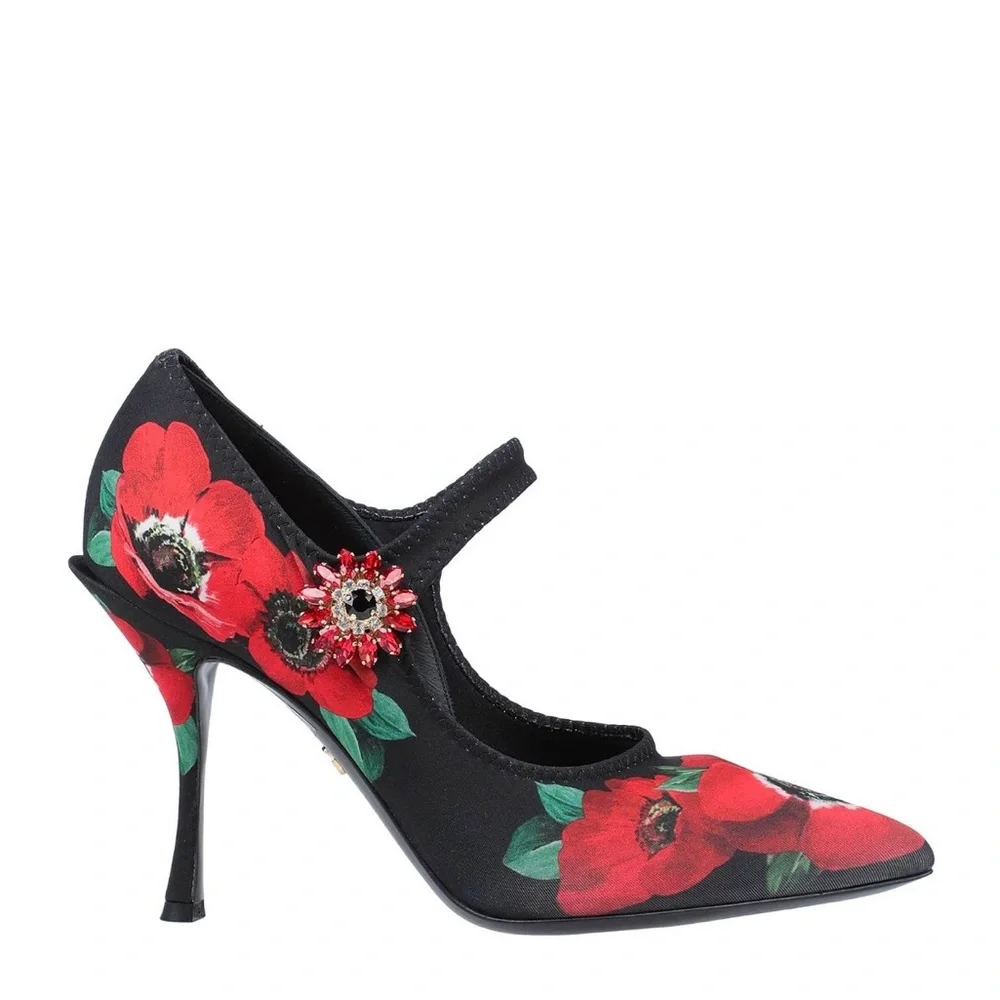 Dolce & Gabbana Black and Red Floral Heels with Brooch Detailing Embellishments - Picture 7 of 13